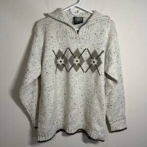 Hammerschmid Wool Pullover Sweater with 1/4 Zip  - Size Large Argyle Cream Beige